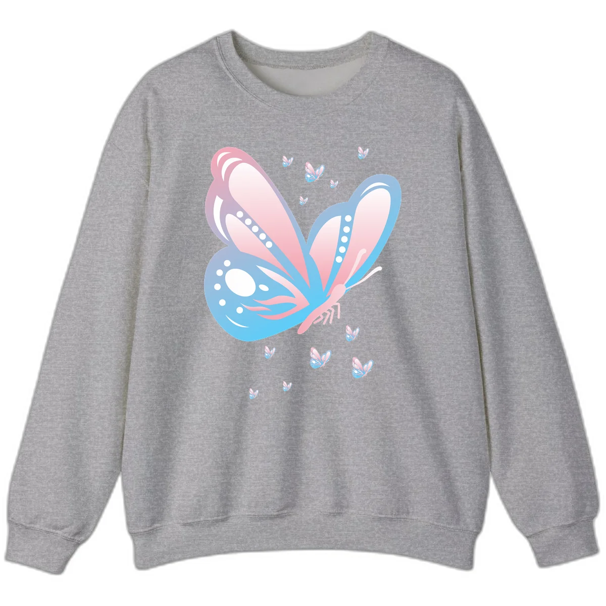 Large butterfly with pink and blue gradient wings featuring white dot details, surrounded by smaller flying butterflies on gray background in Sport Grey