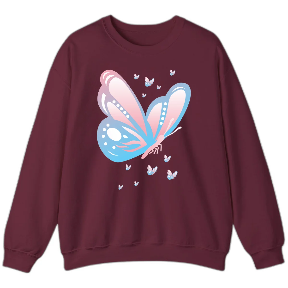 Large butterfly with pink and blue gradient wings featuring white dot details, surrounded by smaller flying butterflies on gray background in Maroon