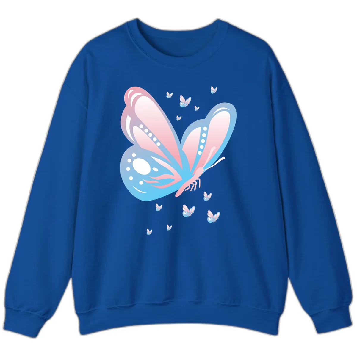 Large butterfly with pink and blue gradient wings featuring white dot details, surrounded by smaller flying butterflies on gray background in Royal