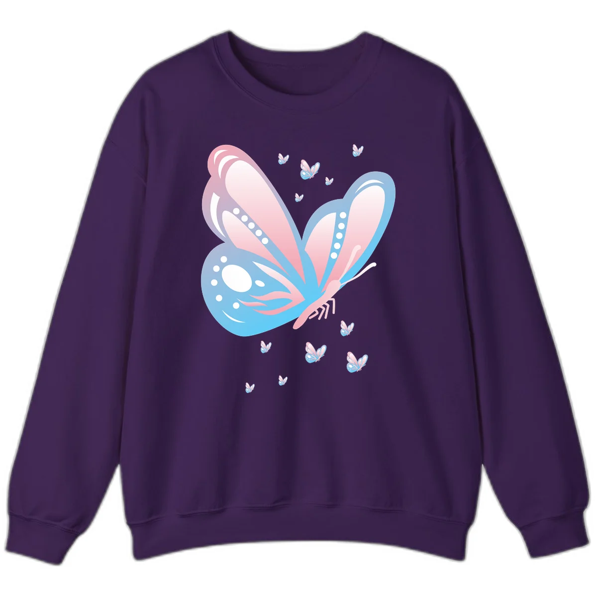 Large butterfly with pink and blue gradient wings featuring white dot details, surrounded by smaller flying butterflies on gray background in Purple
