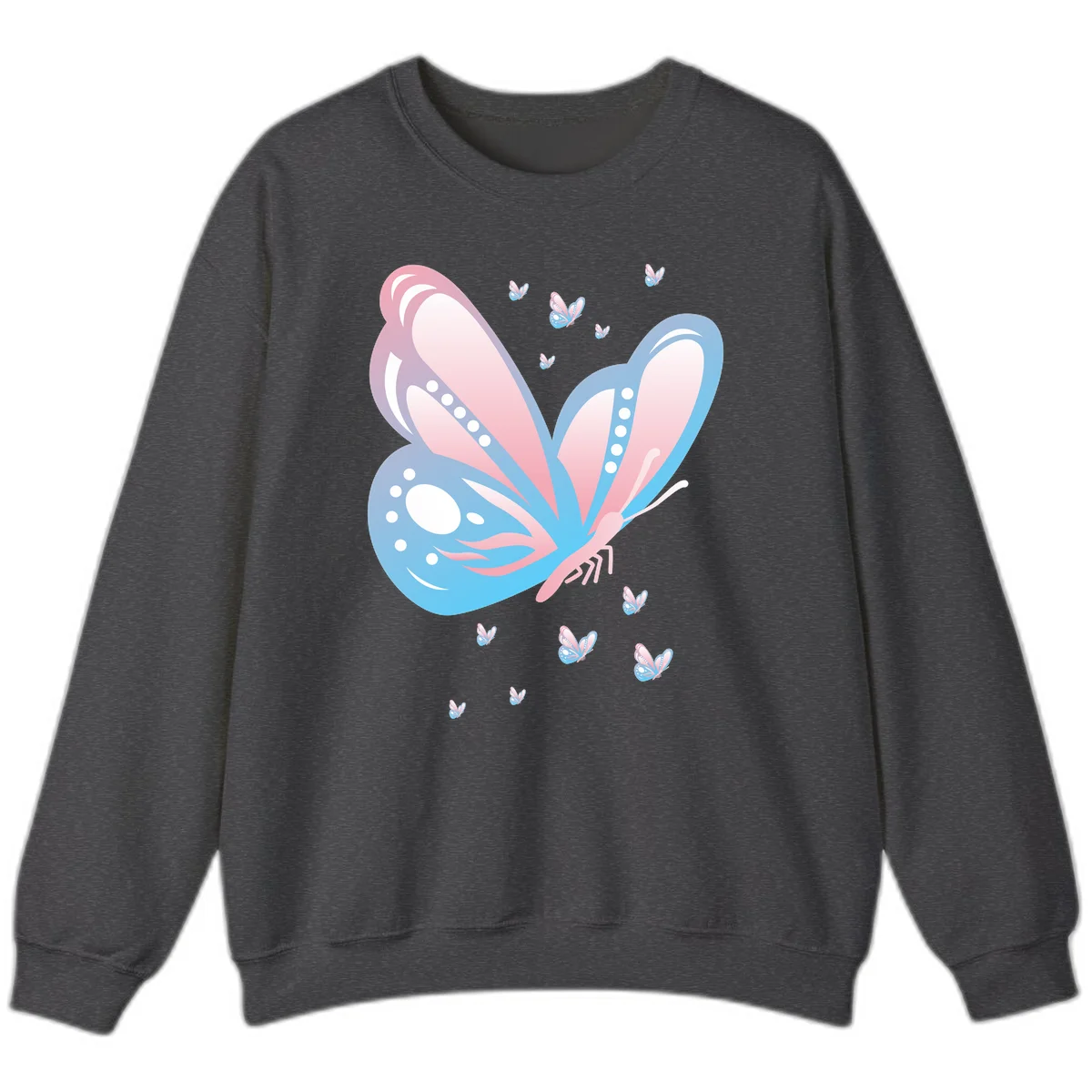 Large butterfly with pink and blue gradient wings featuring white dot details, surrounded by smaller flying butterflies on gray background in Dark Heather
