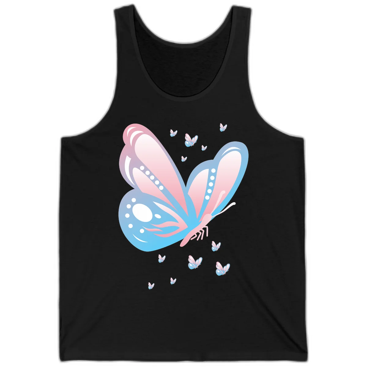 Large butterfly with pink and blue gradient wings featuring white dot details, surrounded by smaller flying butterflies on gray background in Black