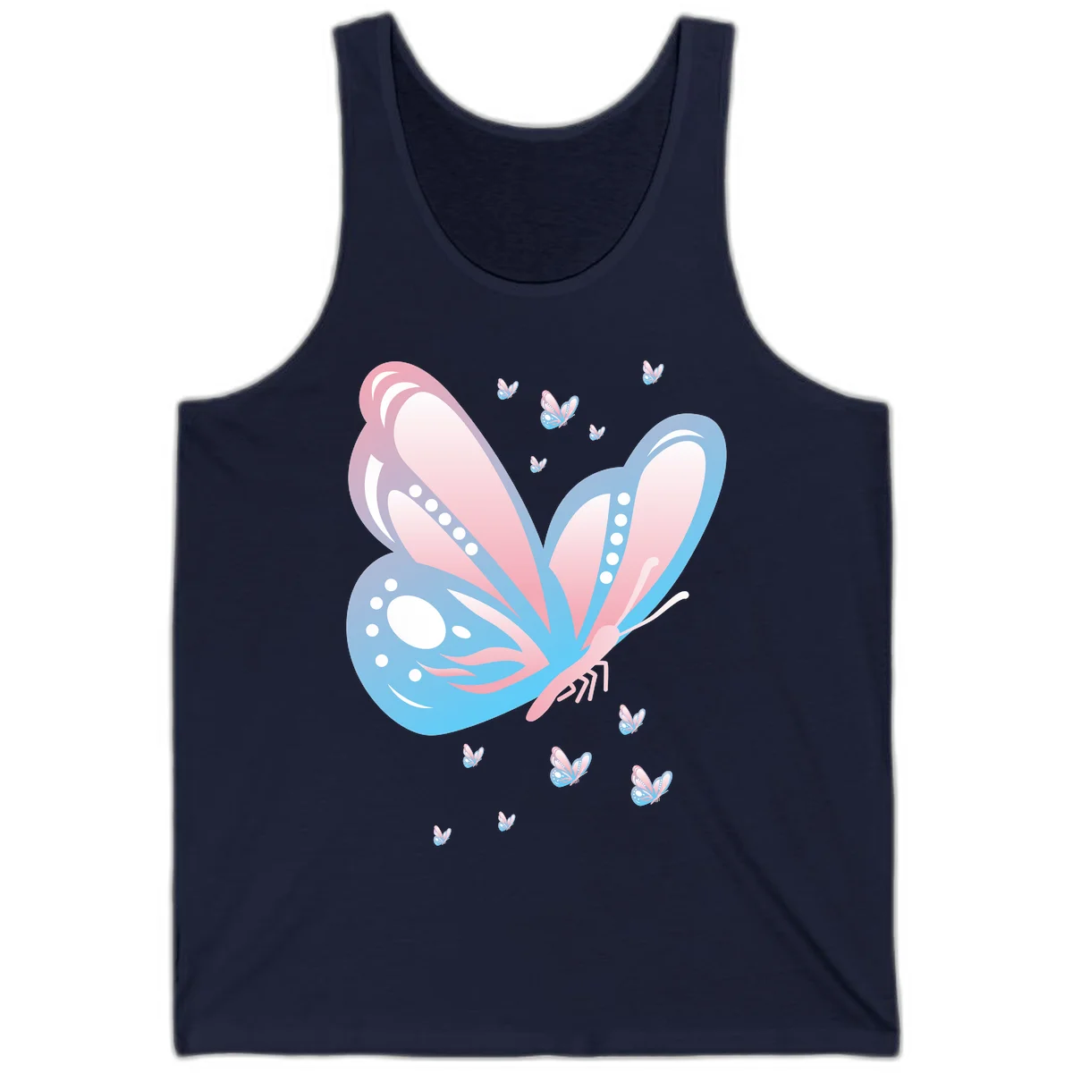 Large butterfly with pink and blue gradient wings featuring white dot details, surrounded by smaller flying butterflies on gray background in Navy