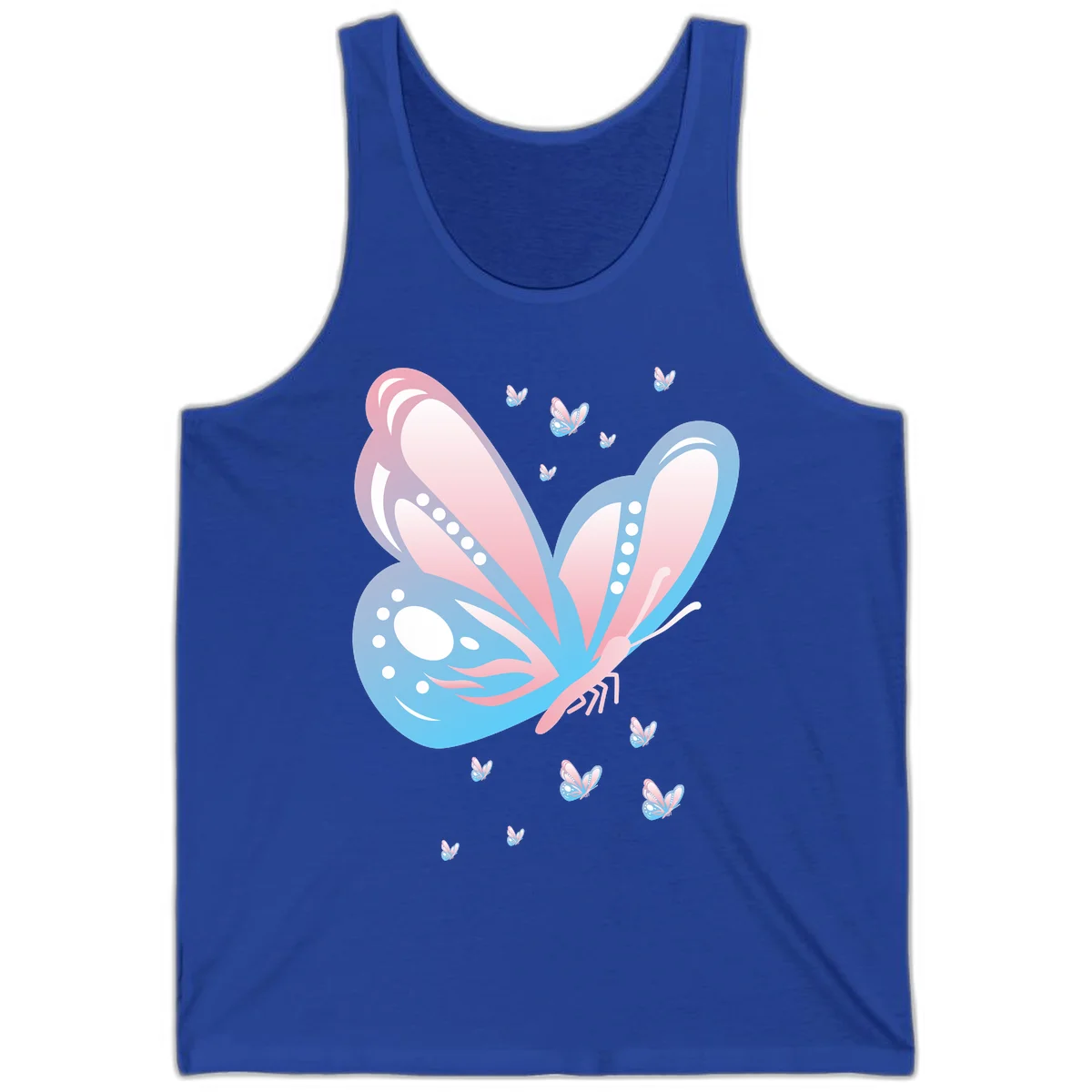 Large butterfly with pink and blue gradient wings featuring white dot details, surrounded by smaller flying butterflies on gray background in True Royal