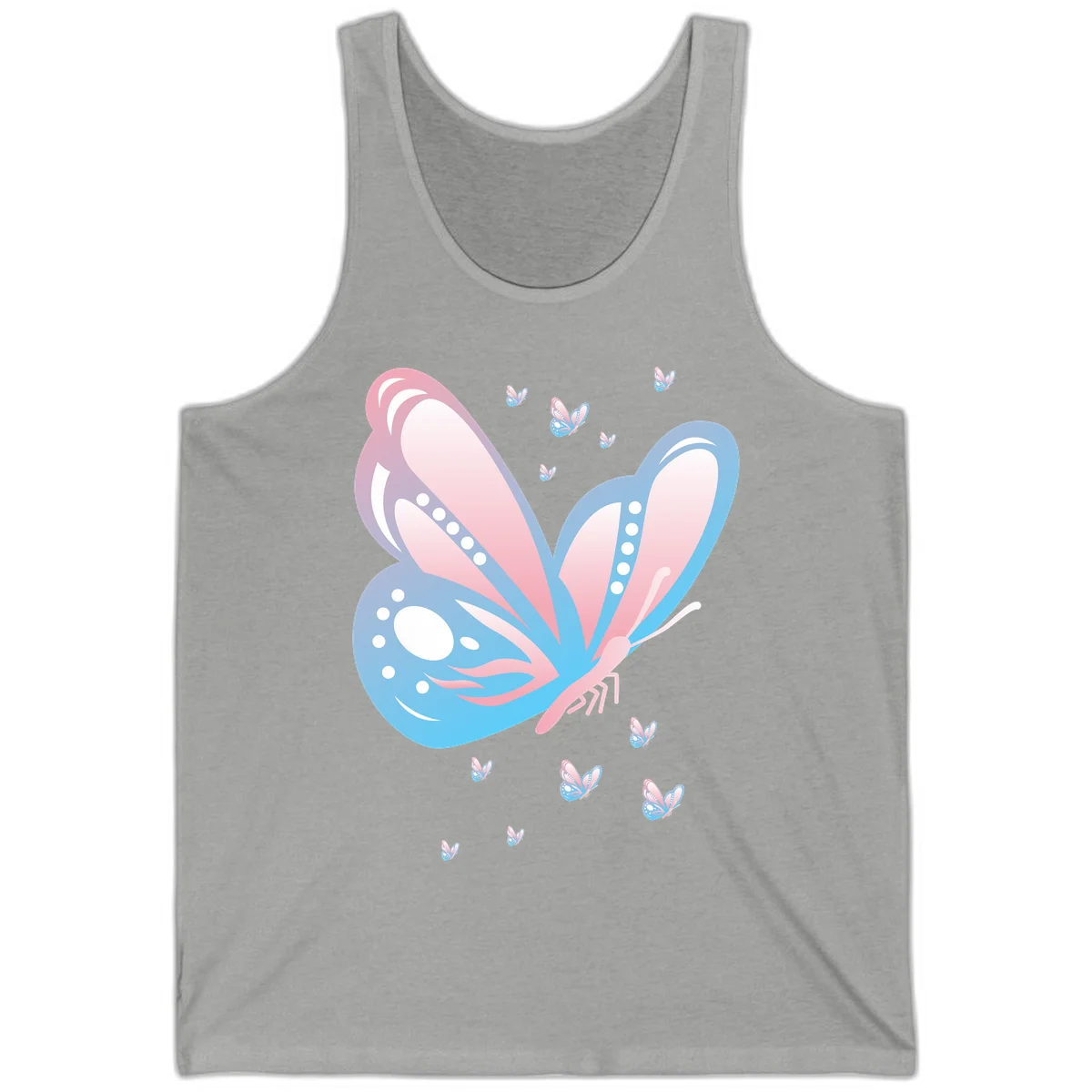Large butterfly with pink and blue gradient wings featuring white dot details, surrounded by smaller flying butterflies on gray background in Athletic Heather