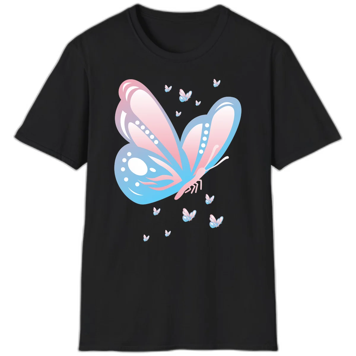 Large butterfly with pink and blue gradient wings featuring white dot details, surrounded by smaller flying butterflies on gray background in Black