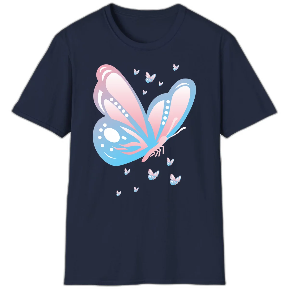 Large butterfly with pink and blue gradient wings featuring white dot details, surrounded by smaller flying butterflies on gray background in Navy