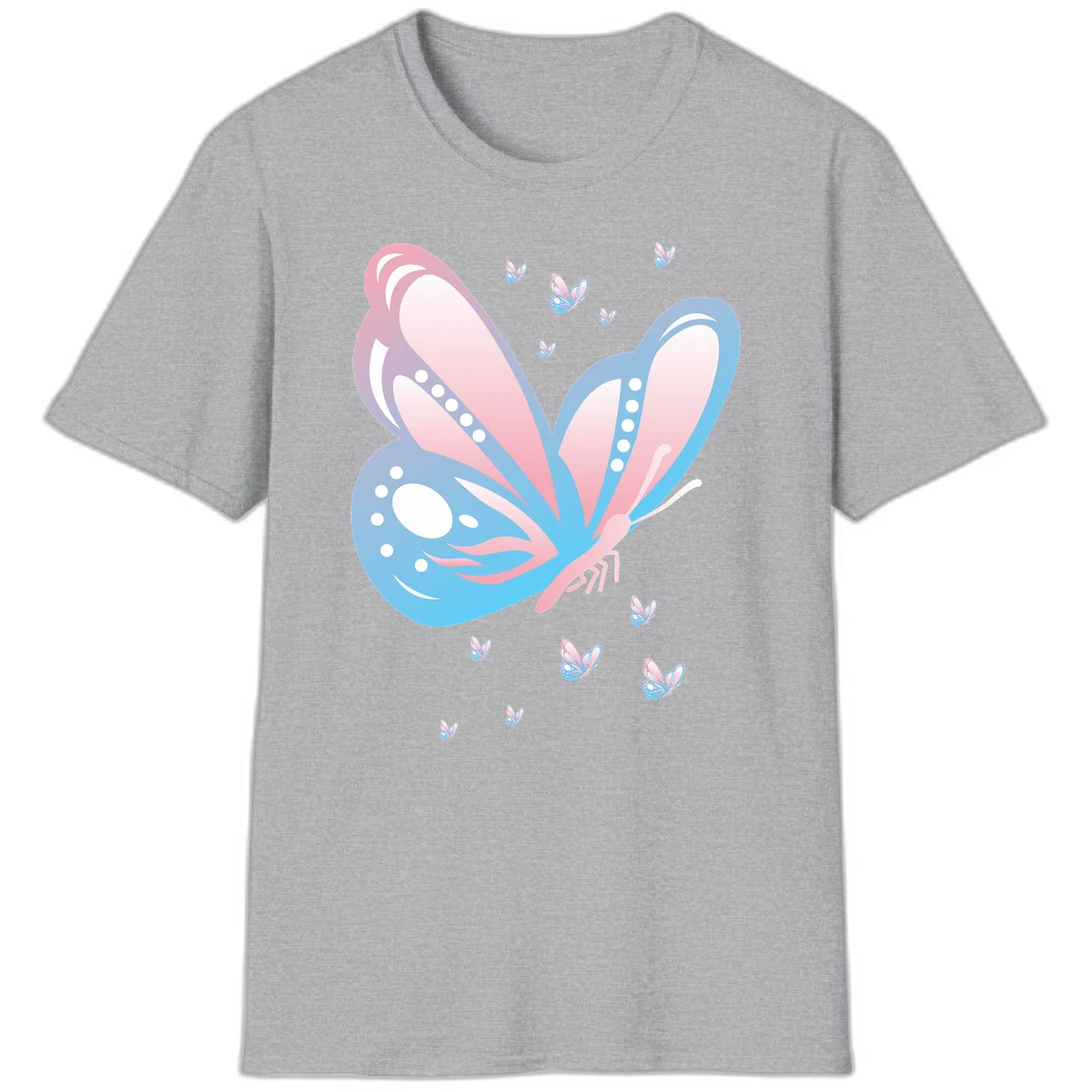 Large butterfly with pink and blue gradient wings featuring white dot details, surrounded by smaller flying butterflies on gray background in Sport Grey