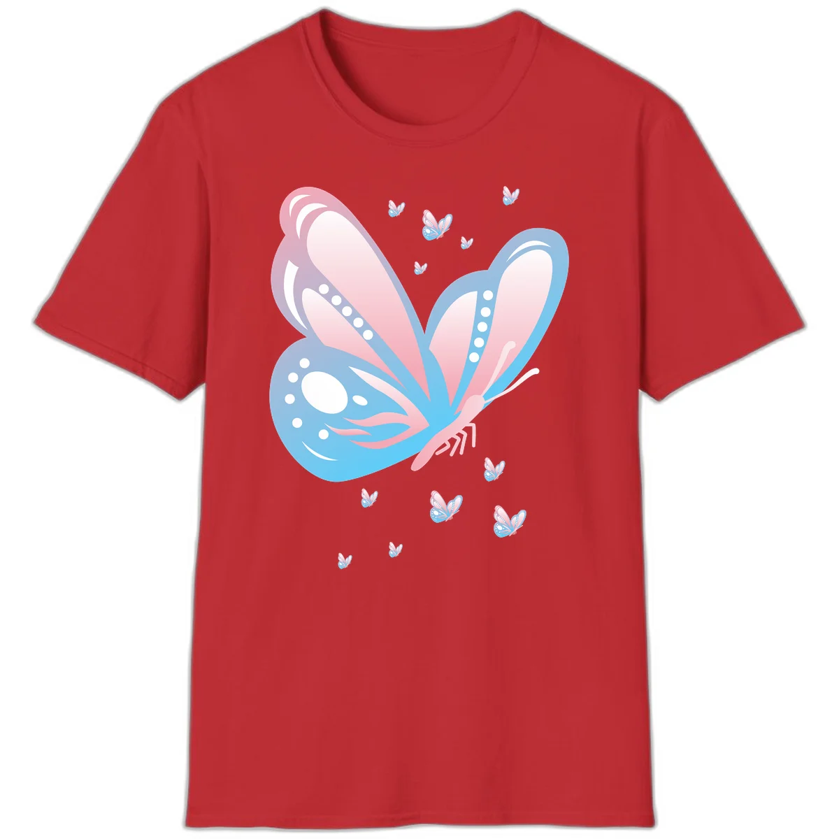 Large butterfly with pink and blue gradient wings featuring white dot details, surrounded by smaller flying butterflies on gray background in Red
