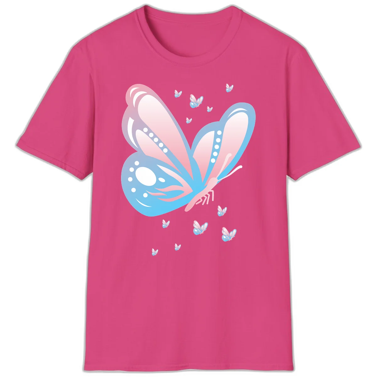 Large butterfly with pink and blue gradient wings featuring white dot details, surrounded by smaller flying butterflies on gray background in Heliconia
