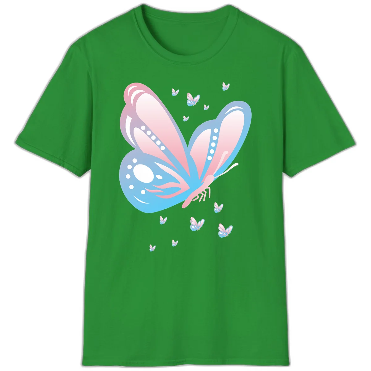 Large butterfly with pink and blue gradient wings featuring white dot details, surrounded by smaller flying butterflies on gray background in Irish Green