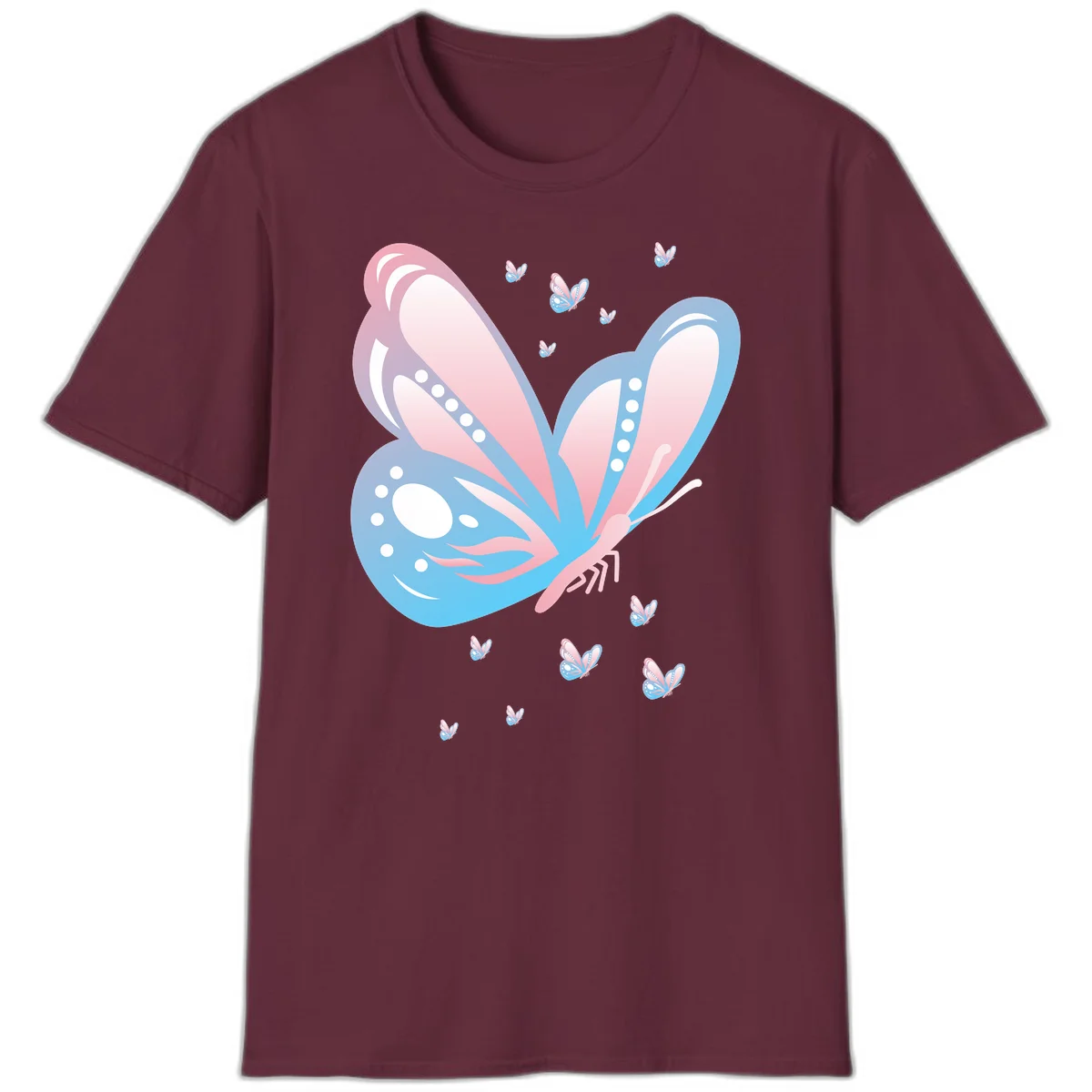 Large butterfly with pink and blue gradient wings featuring white dot details, surrounded by smaller flying butterflies on gray background in Maroon