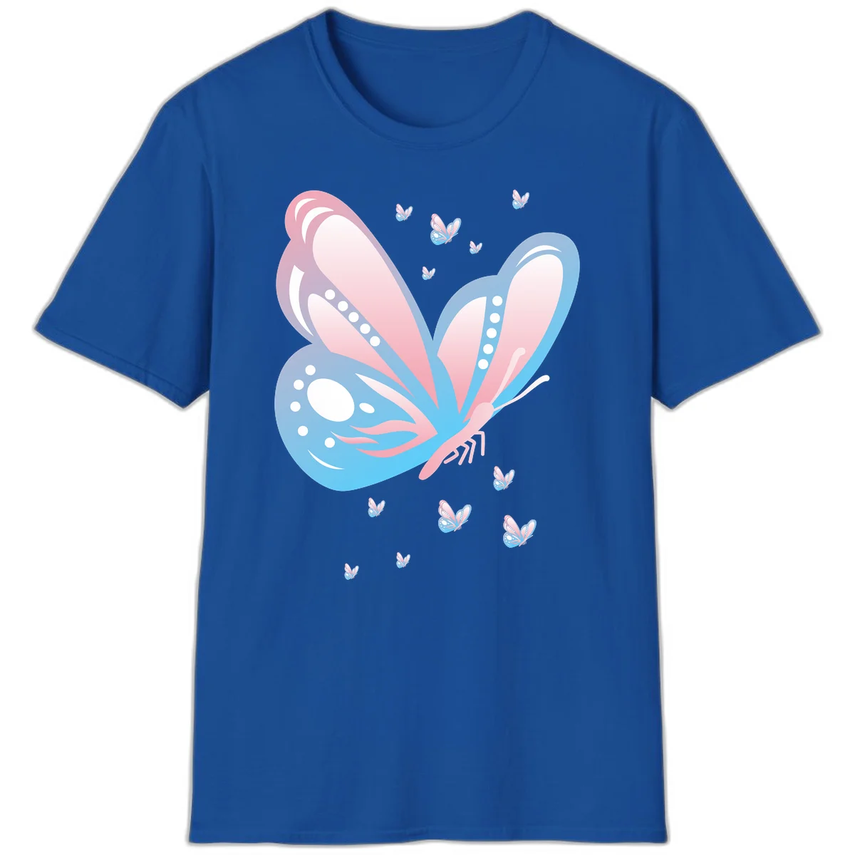 Large butterfly with pink and blue gradient wings featuring white dot details, surrounded by smaller flying butterflies on gray background in Royal
