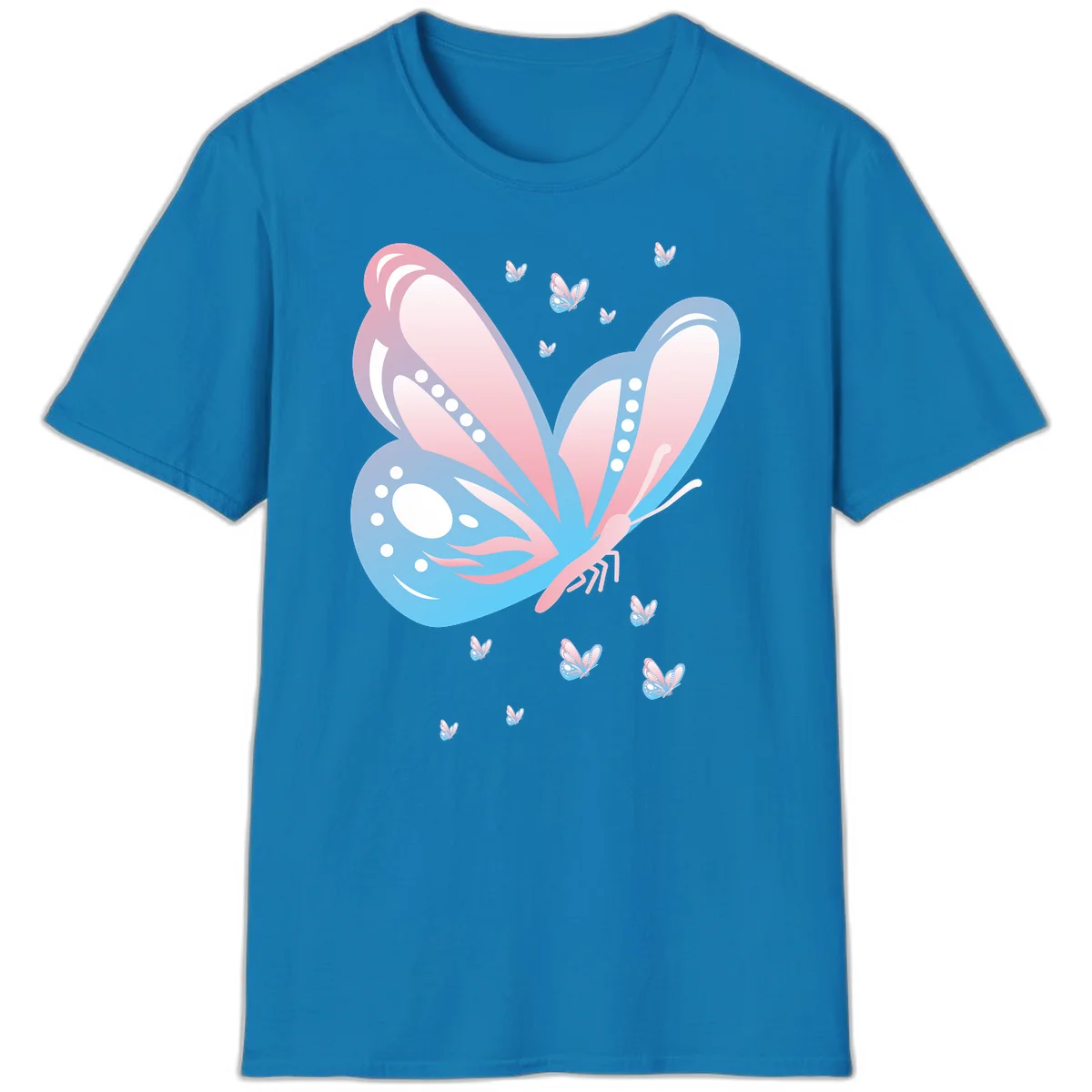 Large butterfly with pink and blue gradient wings featuring white dot details, surrounded by smaller flying butterflies on gray background in Sapphire