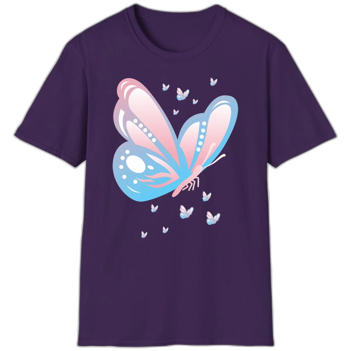 Large butterfly with pink and blue gradient wings featuring white dot details, surrounded by smaller flying butterflies on gray background in Purple