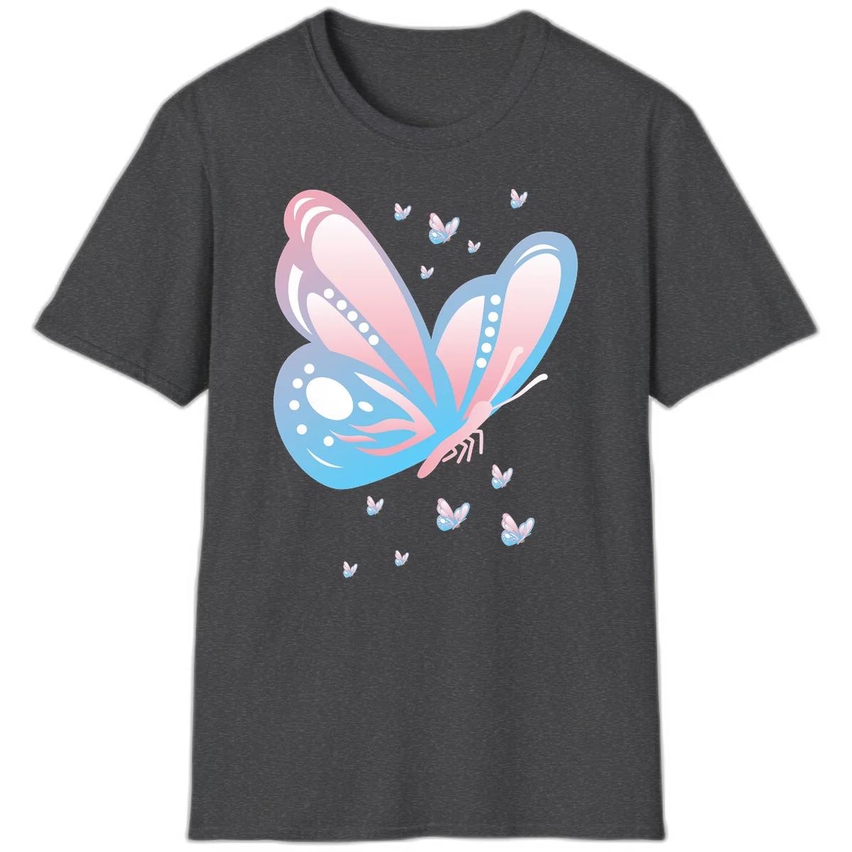 Large butterfly with pink and blue gradient wings featuring white dot details, surrounded by smaller flying butterflies on gray background in Dark Heather
