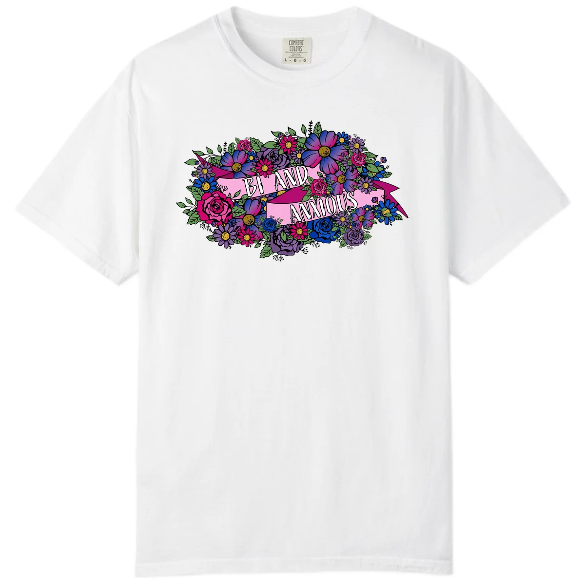 Colorful floral bouquet with pink banner reading 'Bi And Anonymous' featuring magenta roses, purple daisies, and blue flowers on gray background. in White