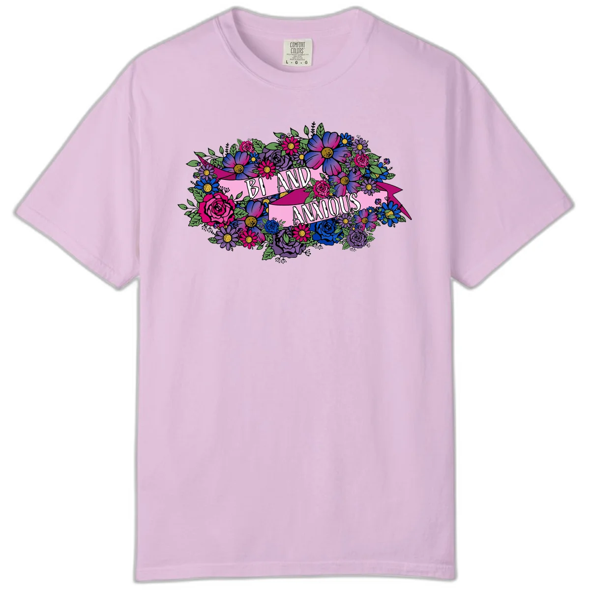 Colorful floral bouquet with pink banner reading 'Bi And Anonymous' featuring magenta roses, purple daisies, and blue flowers on gray background. in Orchid