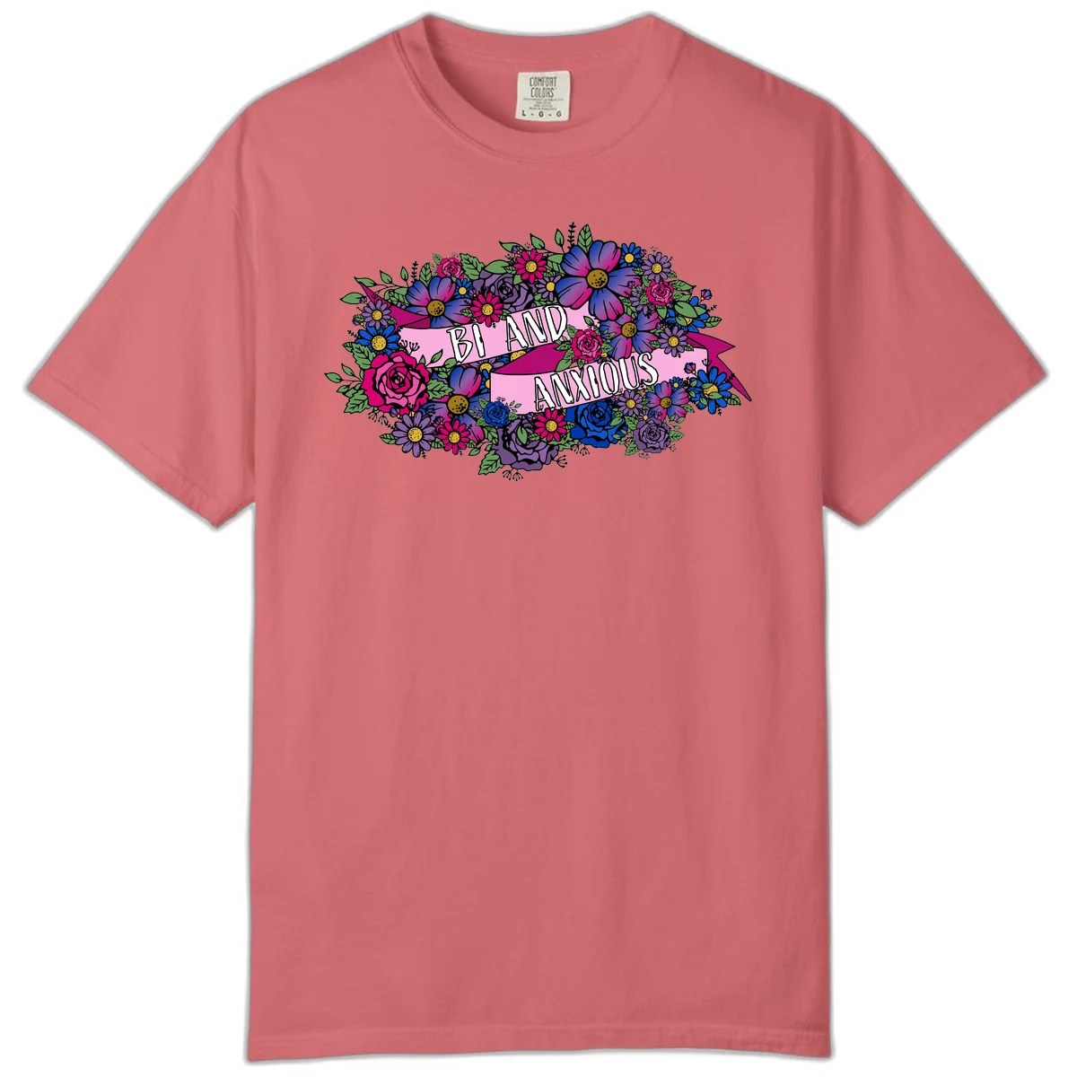 Colorful floral bouquet with pink banner reading 'Bi And Anonymous' featuring magenta roses, purple daisies, and blue flowers on gray background. in Watermelon