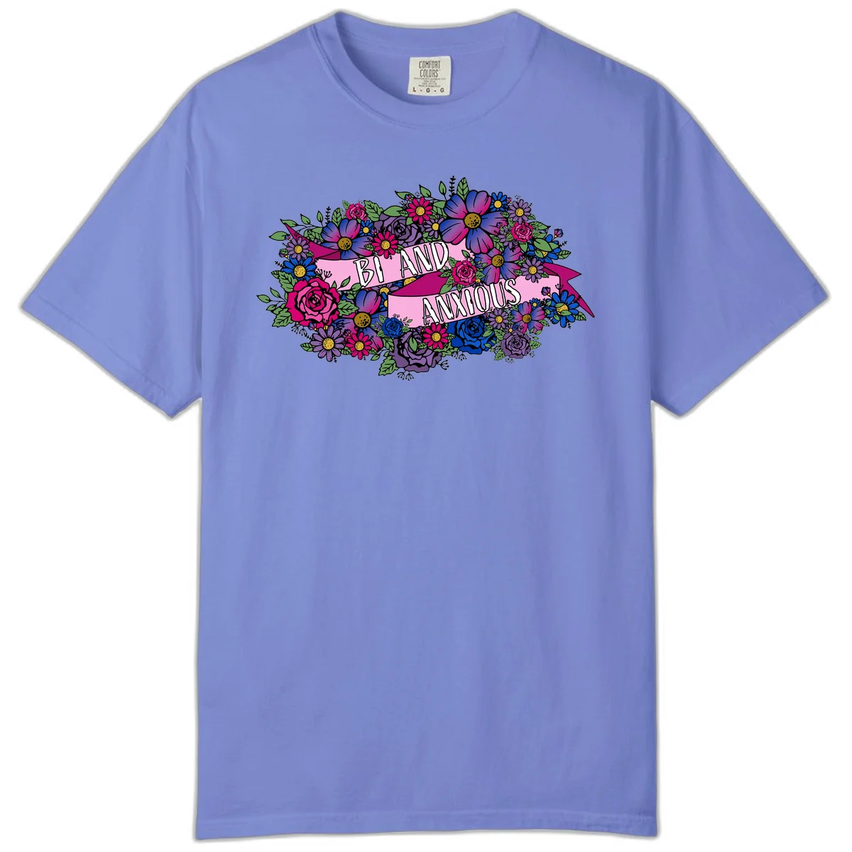 Colorful floral bouquet with pink banner reading 'Bi And Anonymous' featuring magenta roses, purple daisies, and blue flowers on gray background. in Flo Blue