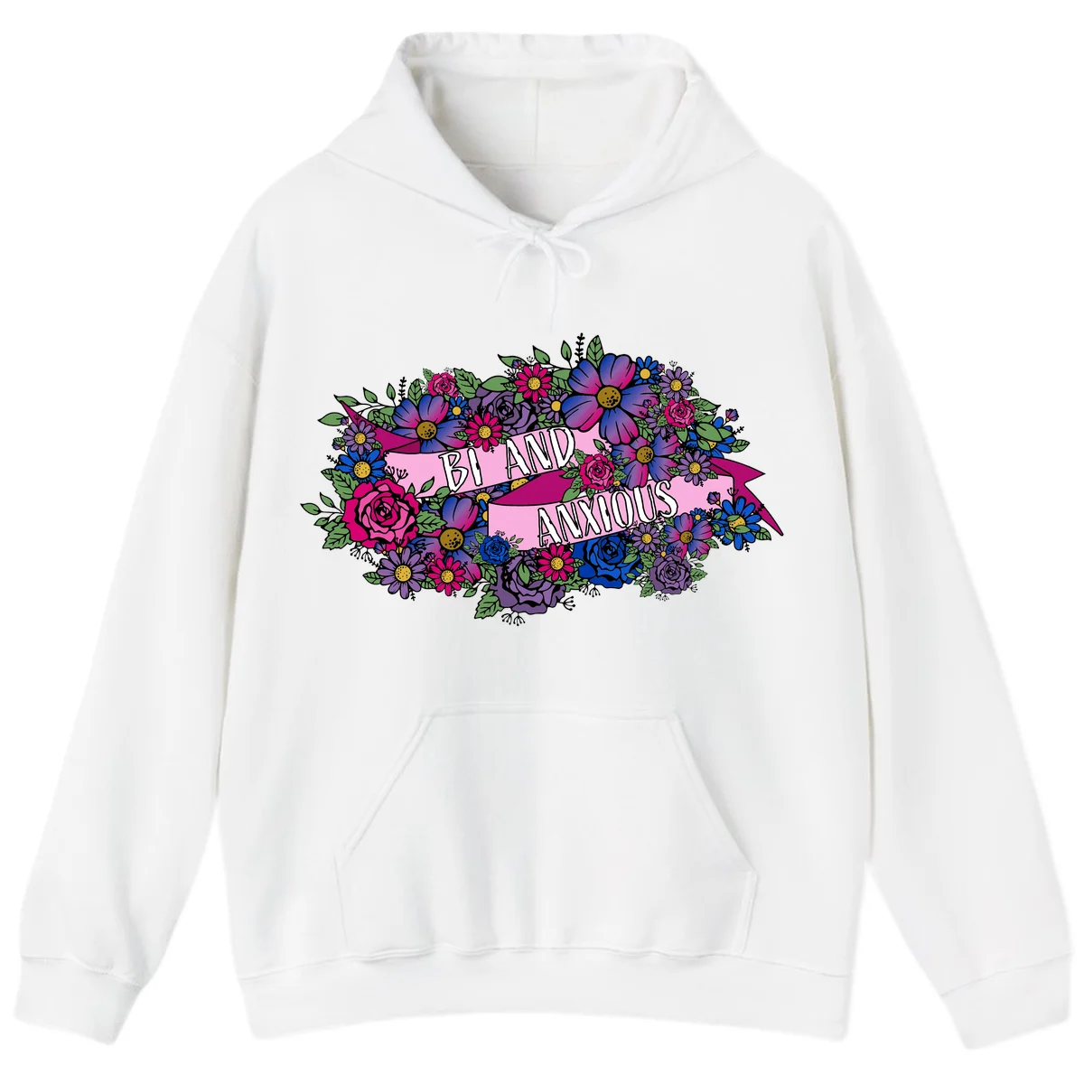 Colorful floral bouquet with pink banner reading 'Bi And Anonymous' featuring magenta roses, purple daisies, and blue flowers on gray background. in White