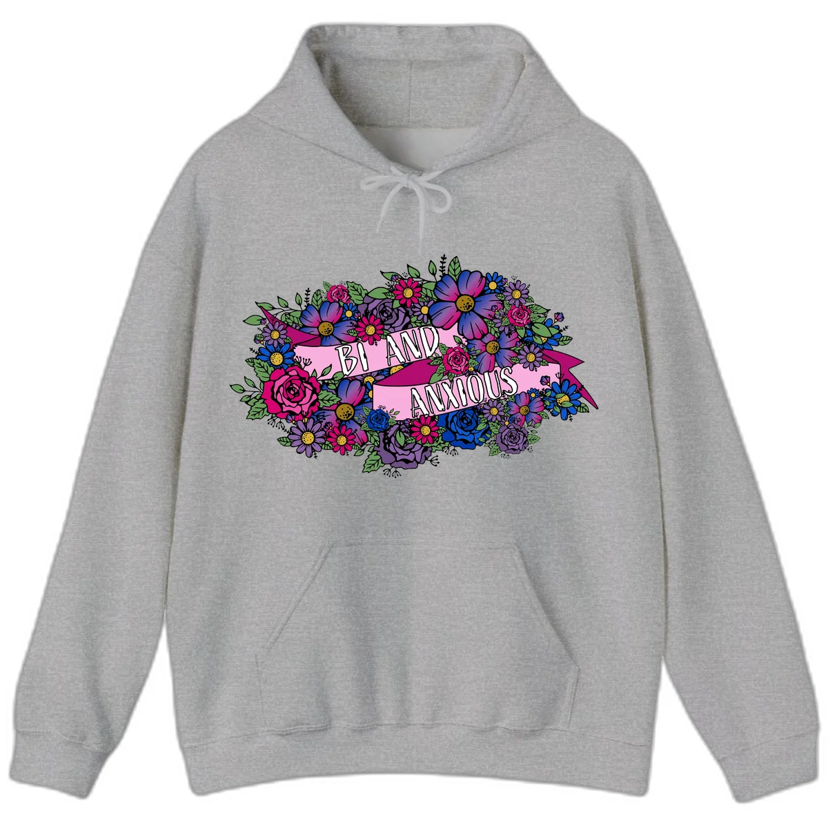 Colorful floral bouquet with pink banner reading 'Bi And Anonymous' featuring magenta roses, purple daisies, and blue flowers on gray background. in Sport Grey