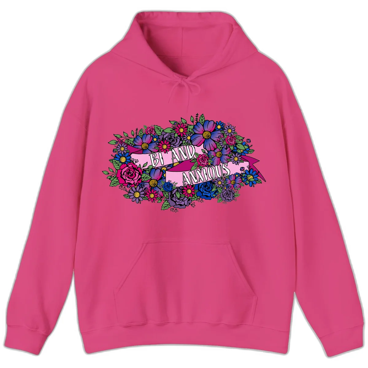 Colorful floral bouquet with pink banner reading 'Bi And Anonymous' featuring magenta roses, purple daisies, and blue flowers on gray background. in Heliconia