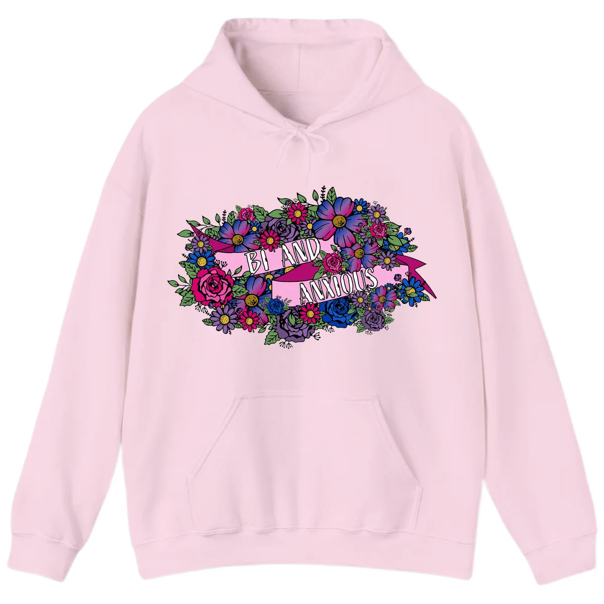 Colorful floral bouquet with pink banner reading 'Bi And Anonymous' featuring magenta roses, purple daisies, and blue flowers on gray background. in Light Pink