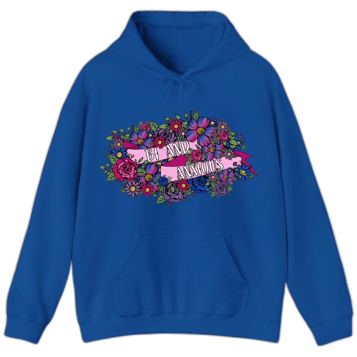 Colorful floral bouquet with pink banner reading 'Bi And Anonymous' featuring magenta roses, purple daisies, and blue flowers on gray background. in Royal