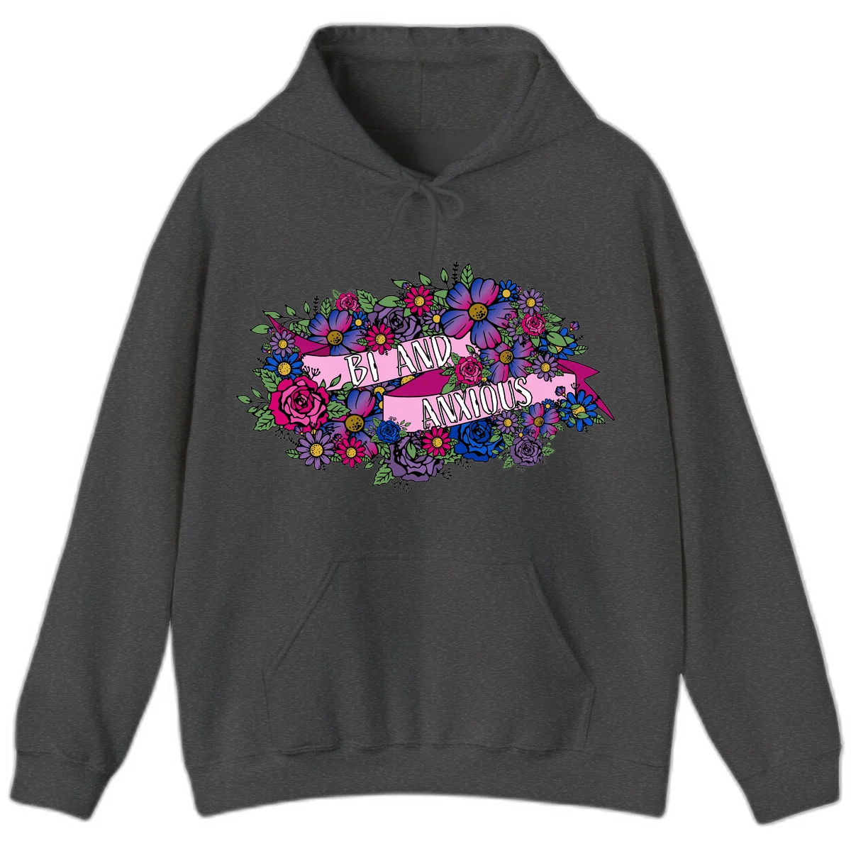 Colorful floral bouquet with pink banner reading 'Bi And Anonymous' featuring magenta roses, purple daisies, and blue flowers on gray background. in Dark Heather