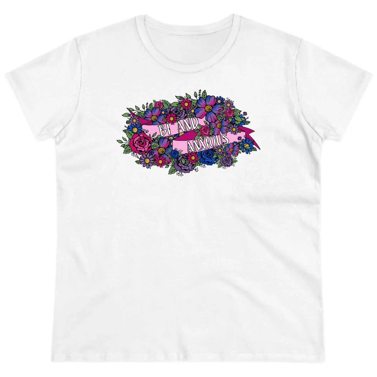 Colorful floral bouquet with pink banner reading 'Bi And Anonymous' featuring magenta roses, purple daisies, and blue flowers on gray background. in White