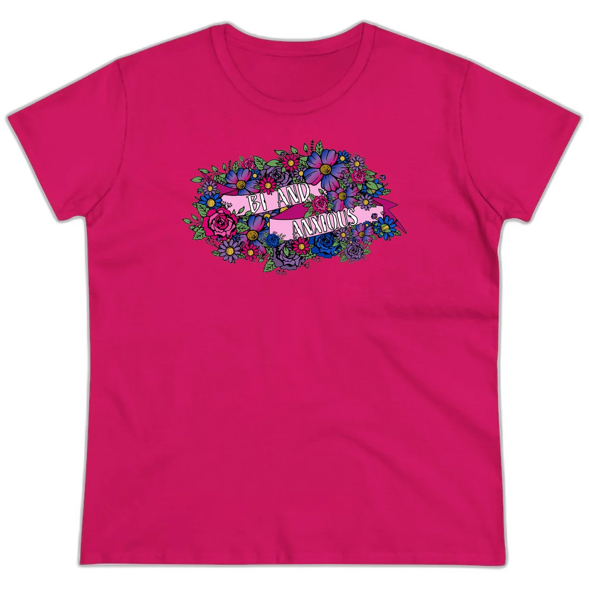 Colorful floral bouquet with pink banner reading 'Bi And Anonymous' featuring magenta roses, purple daisies, and blue flowers on gray background. in Heliconia