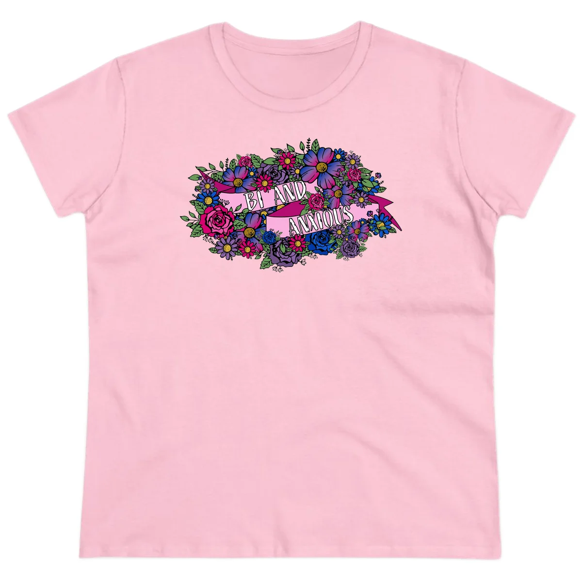 Colorful floral bouquet with pink banner reading 'Bi And Anonymous' featuring magenta roses, purple daisies, and blue flowers on gray background. in Light Pink