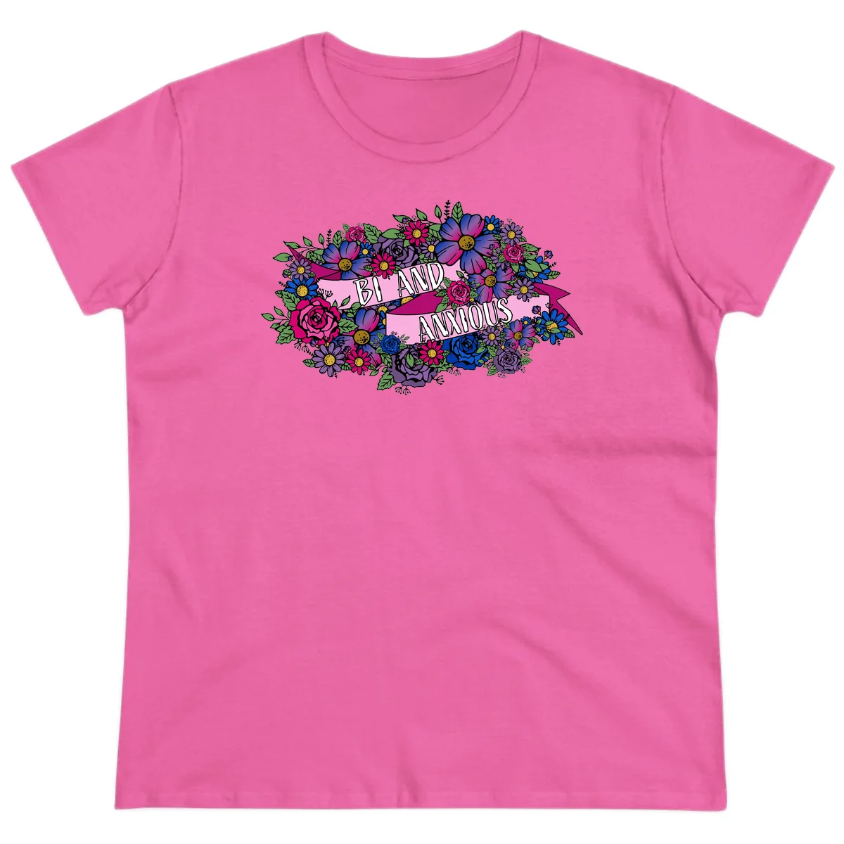 Colorful floral bouquet with pink banner reading 'Bi And Anonymous' featuring magenta roses, purple daisies, and blue flowers on gray background. in Azalea