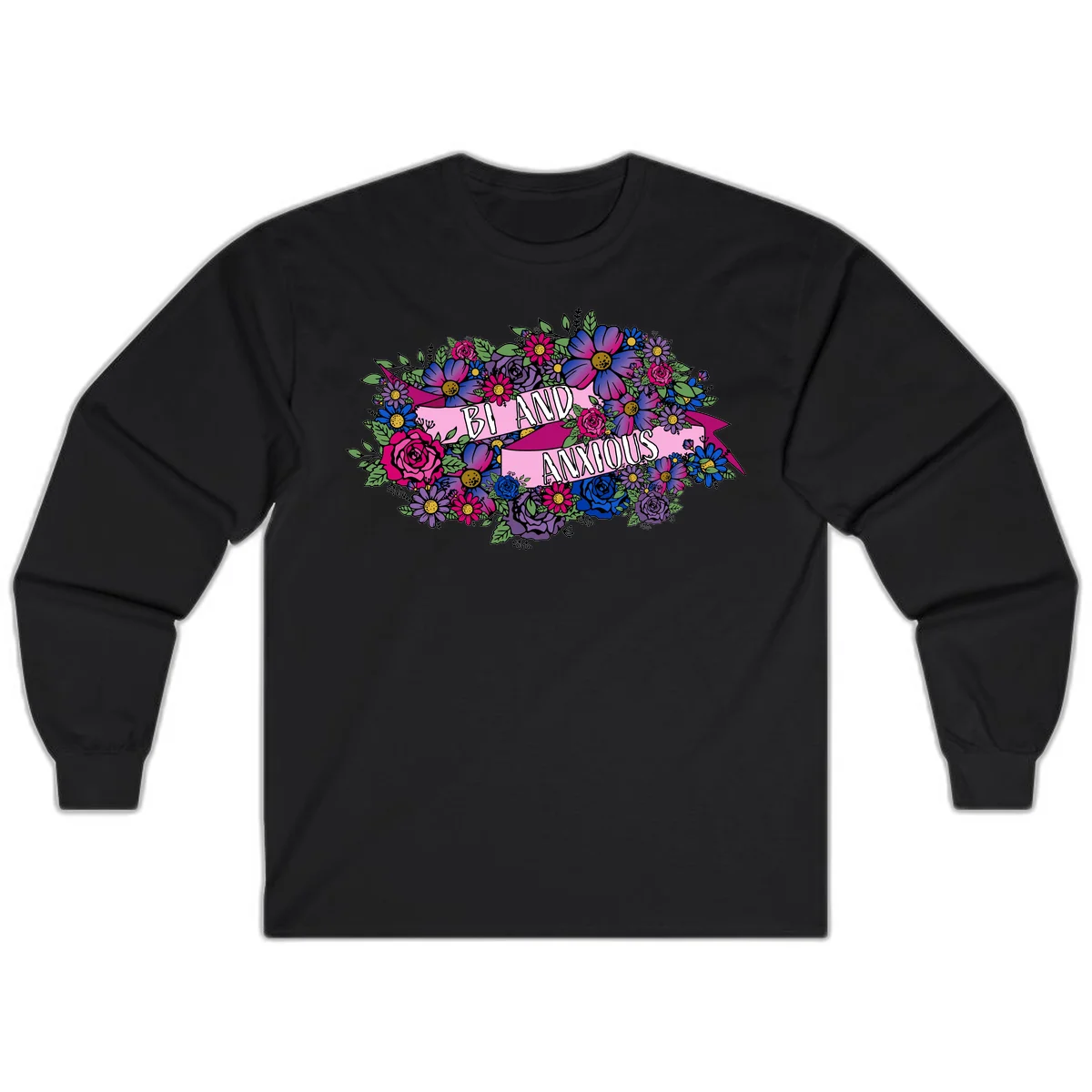 Colorful floral bouquet with pink banner reading 'Bi And Anonymous' featuring magenta roses, purple daisies, and blue flowers on gray background. in Black