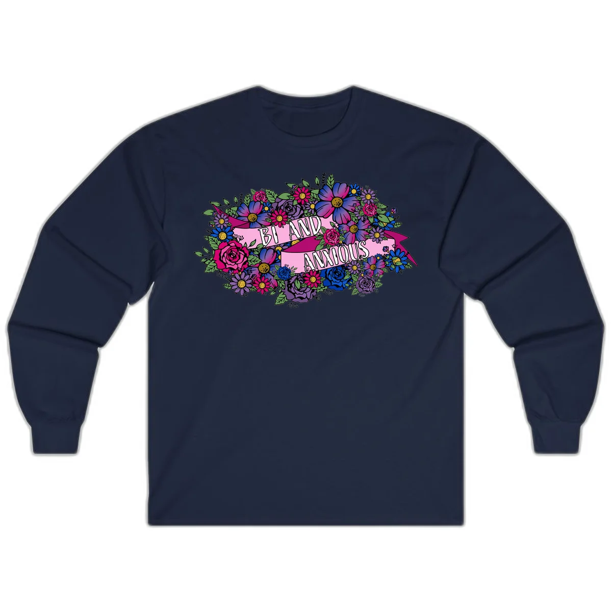 Colorful floral bouquet with pink banner reading 'Bi And Anonymous' featuring magenta roses, purple daisies, and blue flowers on gray background. in Navy