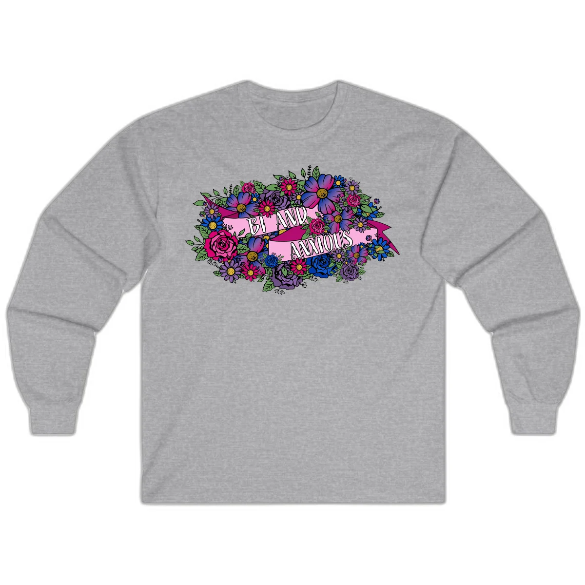 Colorful floral bouquet with pink banner reading 'Bi And Anonymous' featuring magenta roses, purple daisies, and blue flowers on gray background. in Sport Grey