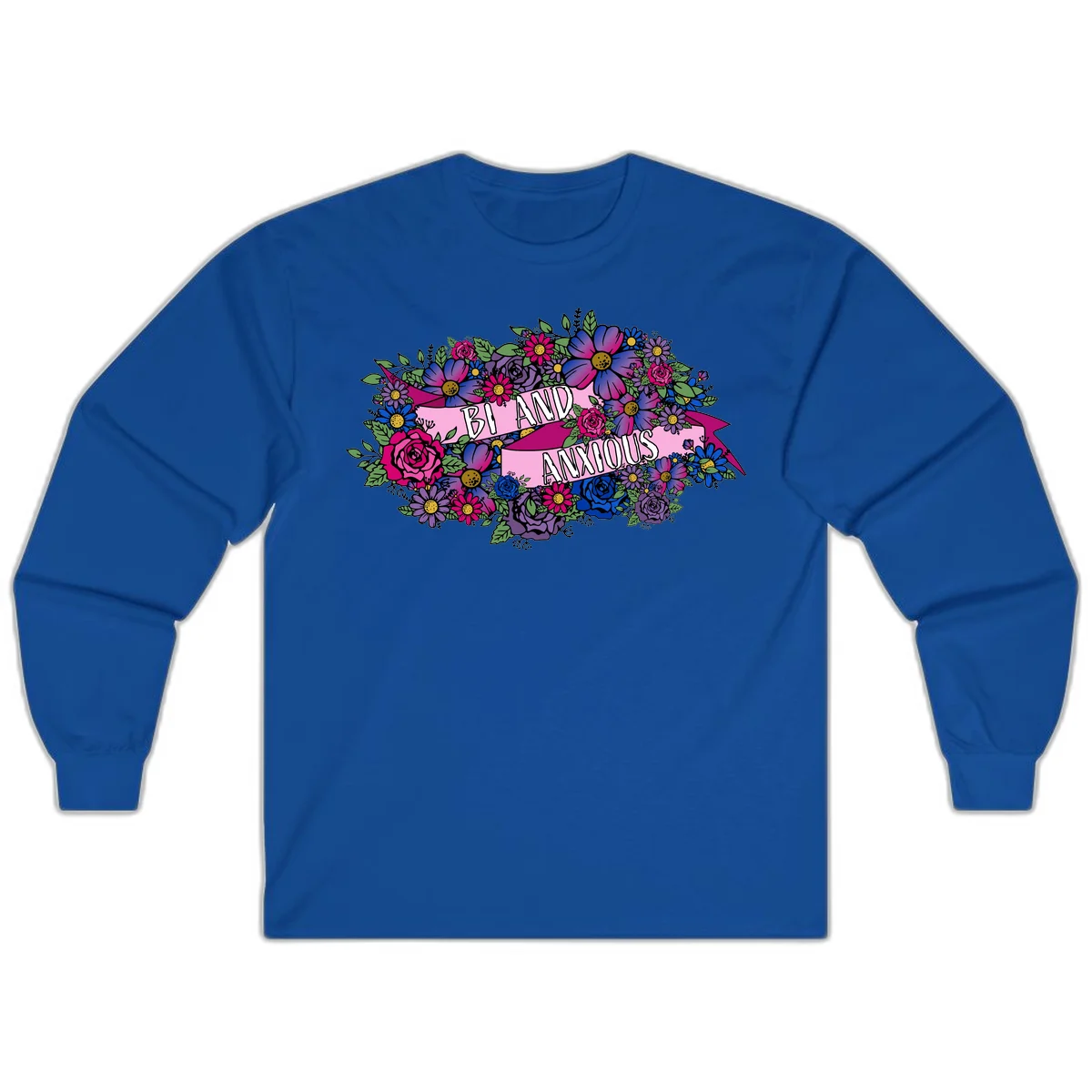 Colorful floral bouquet with pink banner reading 'Bi And Anonymous' featuring magenta roses, purple daisies, and blue flowers on gray background. in Royal