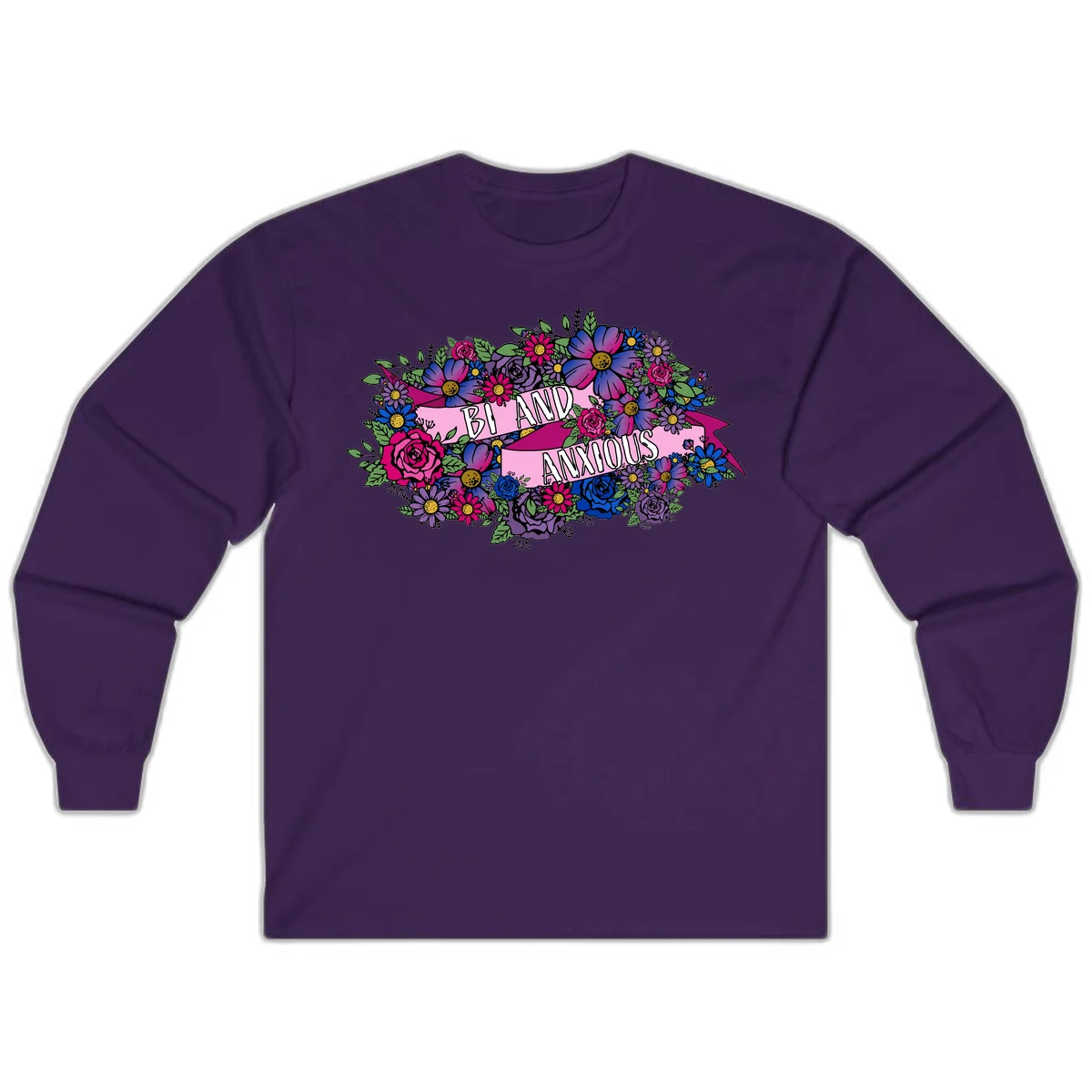 Colorful floral bouquet with pink banner reading 'Bi And Anonymous' featuring magenta roses, purple daisies, and blue flowers on gray background. in Purple