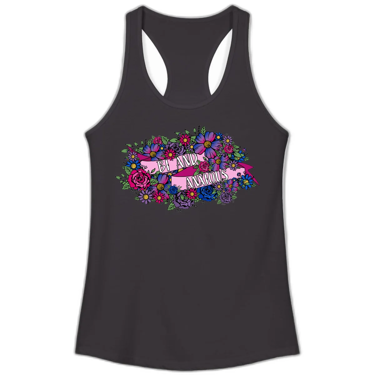 Colorful floral bouquet with pink banner reading 'Bi And Anonymous' featuring magenta roses, purple daisies, and blue flowers on gray background. in Black