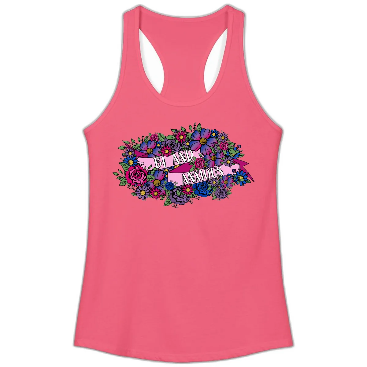 Colorful floral bouquet with pink banner reading 'Bi And Anonymous' featuring magenta roses, purple daisies, and blue flowers on gray background. in Hot Pink