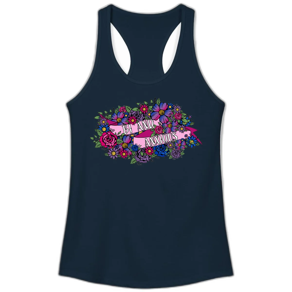 Colorful floral bouquet with pink banner reading 'Bi And Anonymous' featuring magenta roses, purple daisies, and blue flowers on gray background. in Solid Midnight Navy