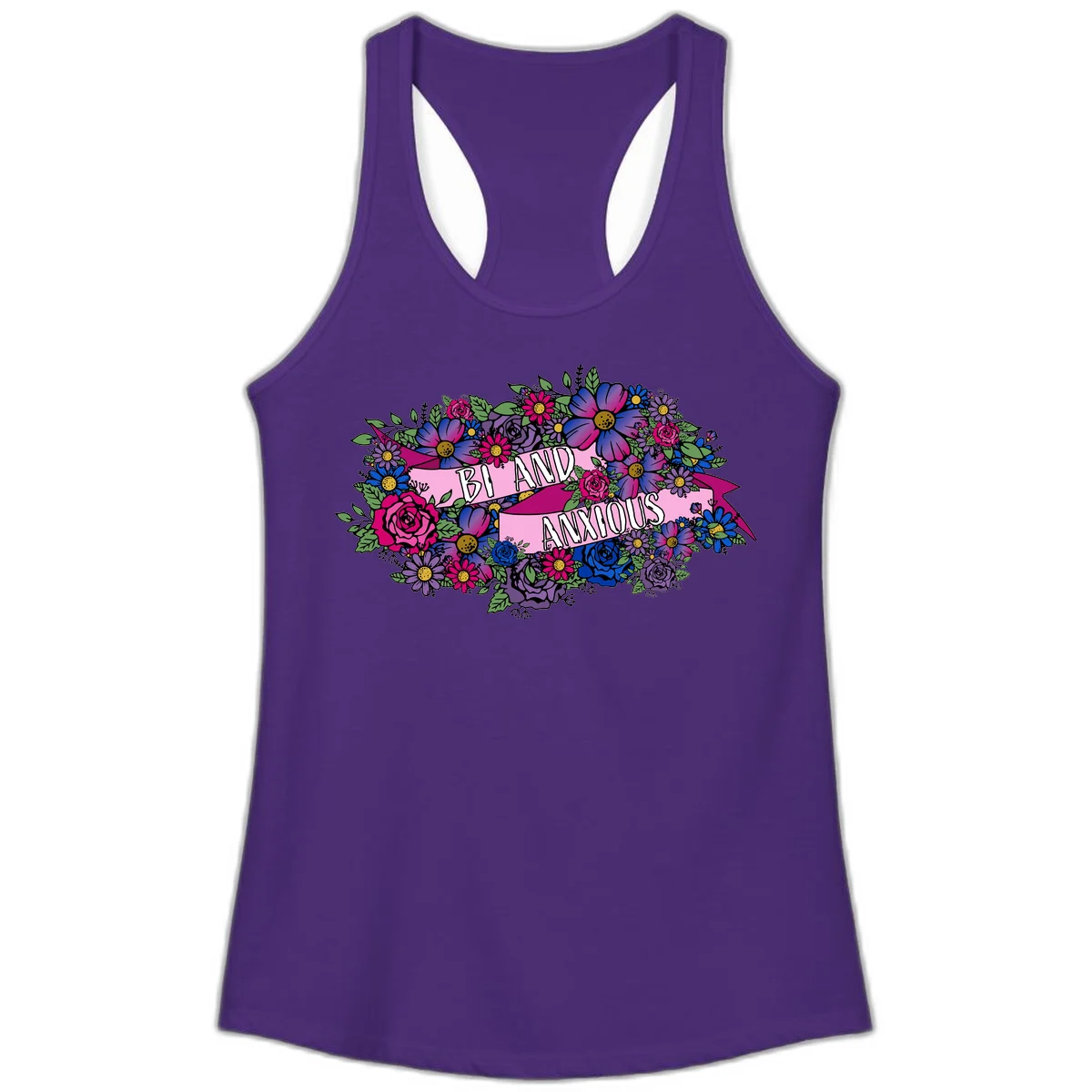 Colorful floral bouquet with pink banner reading 'Bi And Anonymous' featuring magenta roses, purple daisies, and blue flowers on gray background. in Solid Purple Rush