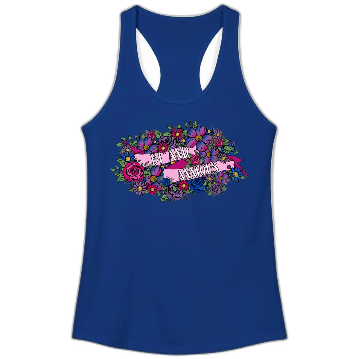 Colorful floral bouquet with pink banner reading 'Bi And Anonymous' featuring magenta roses, purple daisies, and blue flowers on gray background. in Solid Royal