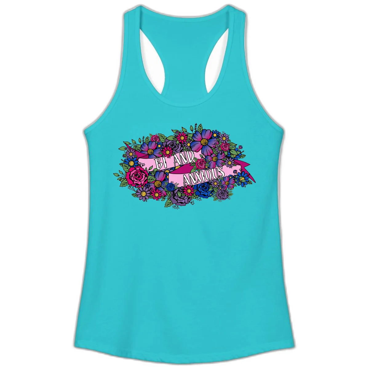 Colorful floral bouquet with pink banner reading 'Bi And Anonymous' featuring magenta roses, purple daisies, and blue flowers on gray background. in Solid Tahiti Blue