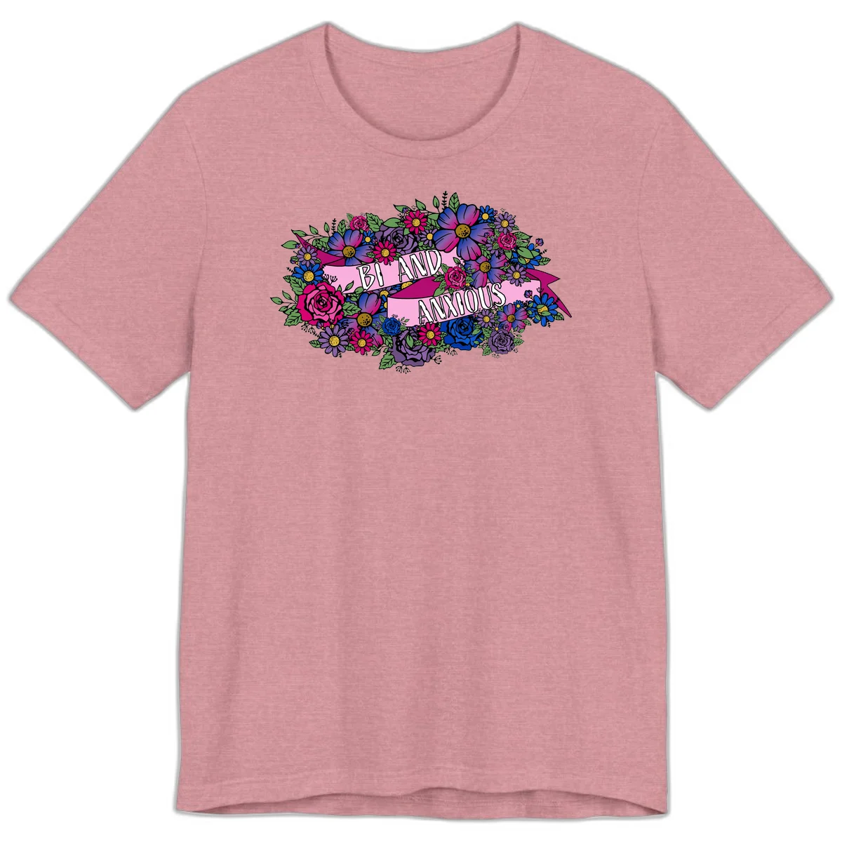 Colorful floral bouquet with pink banner reading 'Bi And Anonymous' featuring magenta roses, purple daisies, and blue flowers on gray background. in Heather Orchid