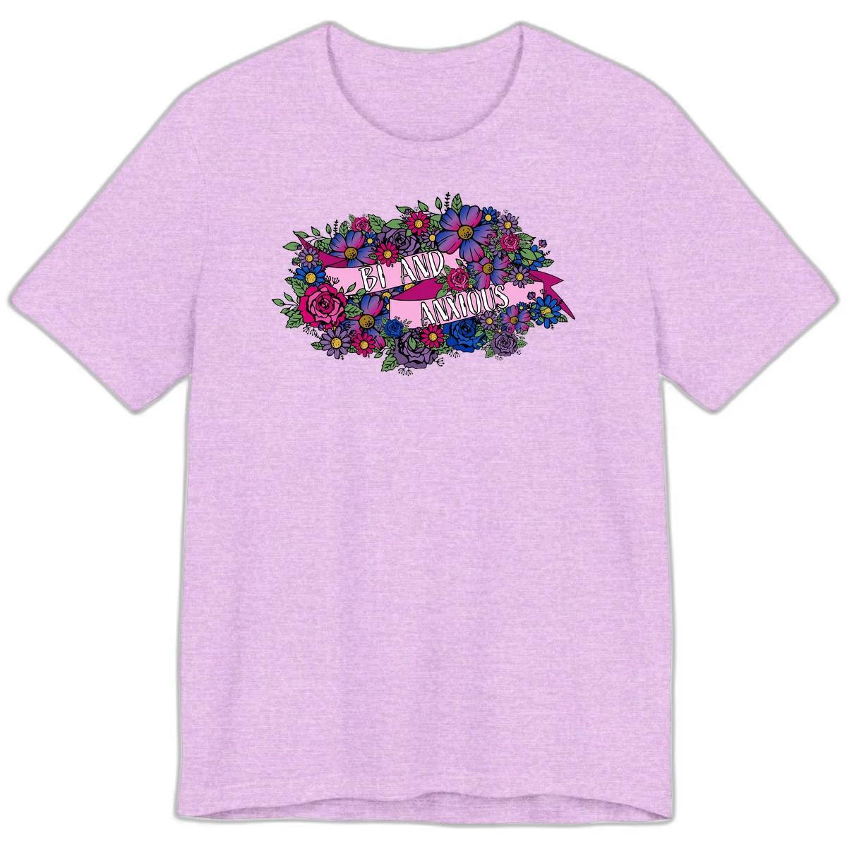 Colorful floral bouquet with pink banner reading 'Bi And Anonymous' featuring magenta roses, purple daisies, and blue flowers on gray background. in Heather Prism Lilac