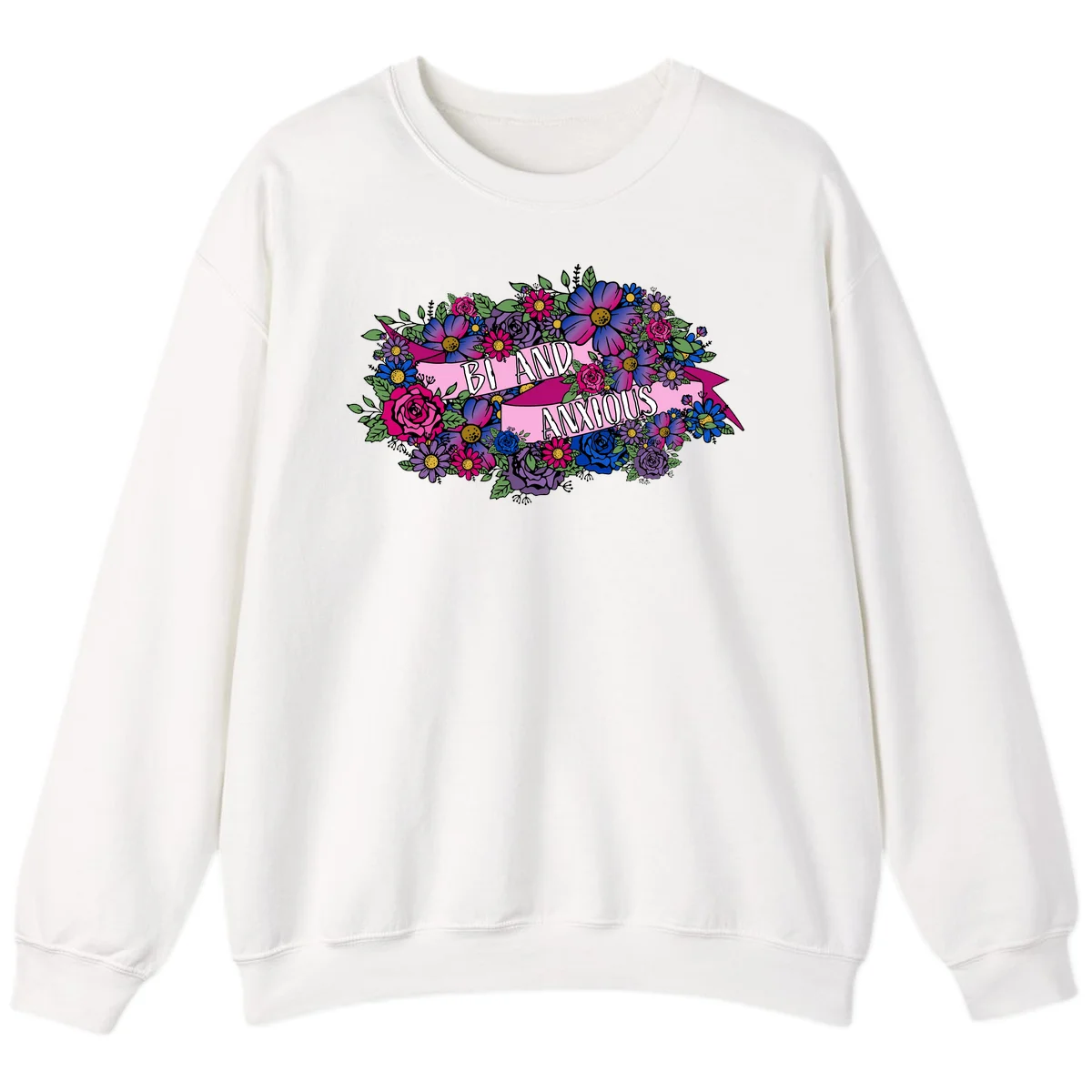 Colorful floral bouquet with pink banner reading 'Bi And Anonymous' featuring magenta roses, purple daisies, and blue flowers on gray background. in White