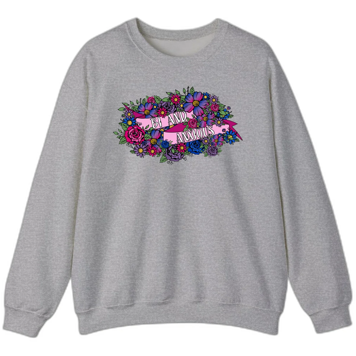 Colorful floral bouquet with pink banner reading 'Bi And Anonymous' featuring magenta roses, purple daisies, and blue flowers on gray background. in Sport Grey