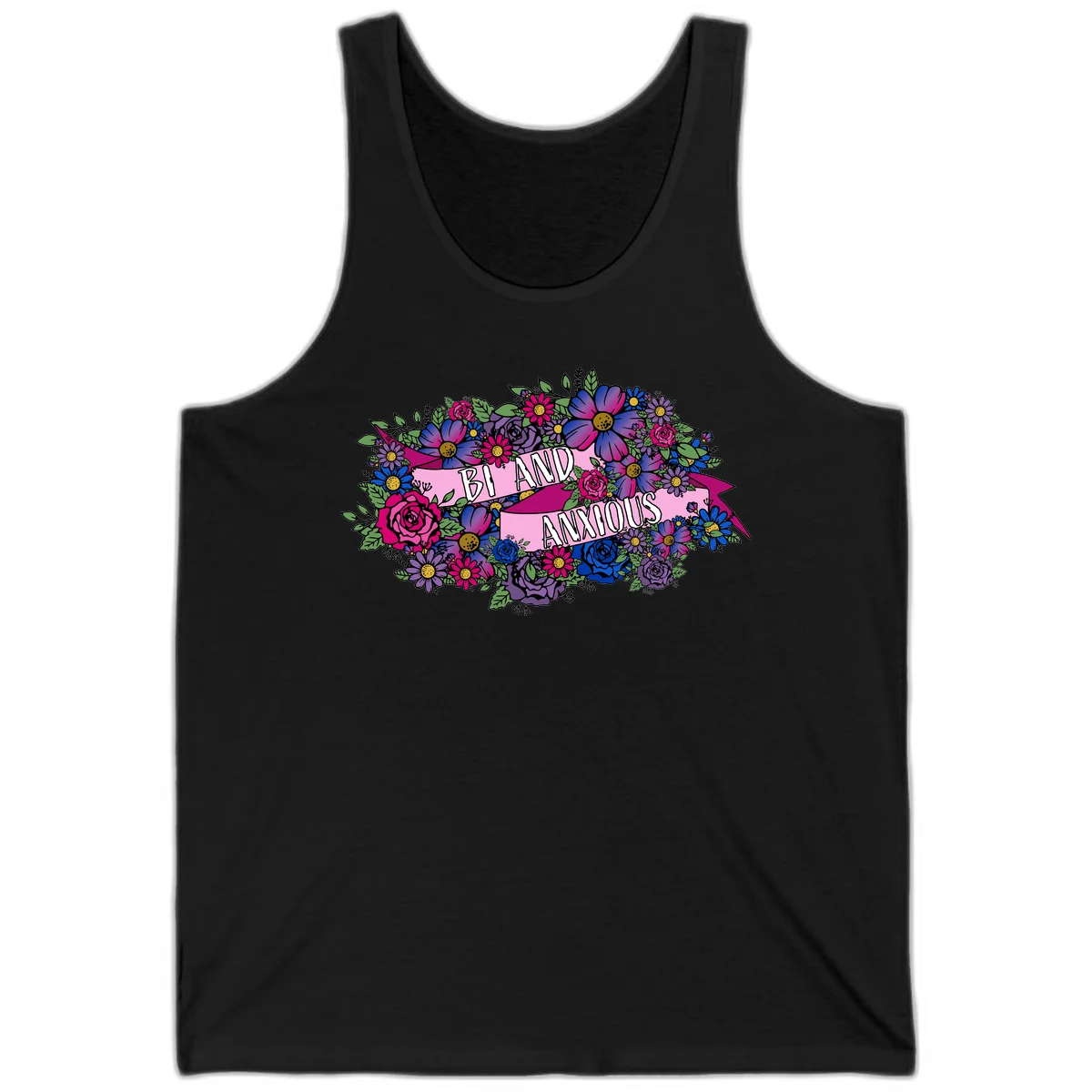 Colorful floral bouquet with pink banner reading 'Bi And Anonymous' featuring magenta roses, purple daisies, and blue flowers on gray background. in Black